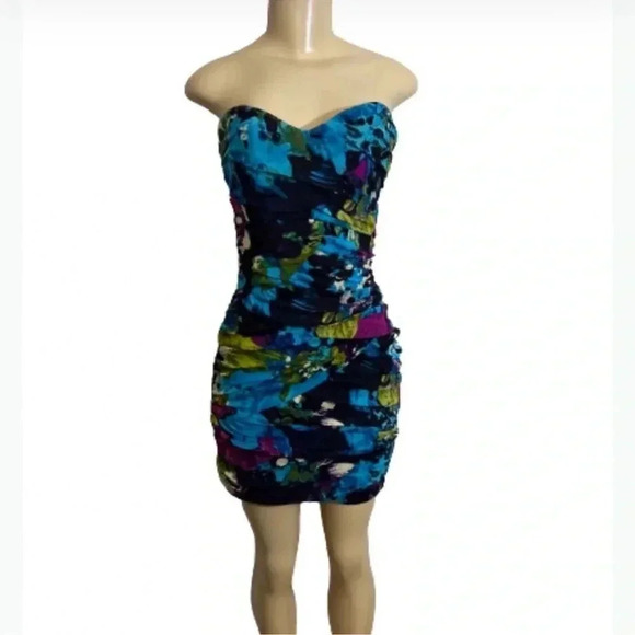 BAILEY BLUE MINI DRESS STRAPLESS FLORAL BLUE AND GREEN STRETCH SIZE MEDIUM - Picture 6 of 7